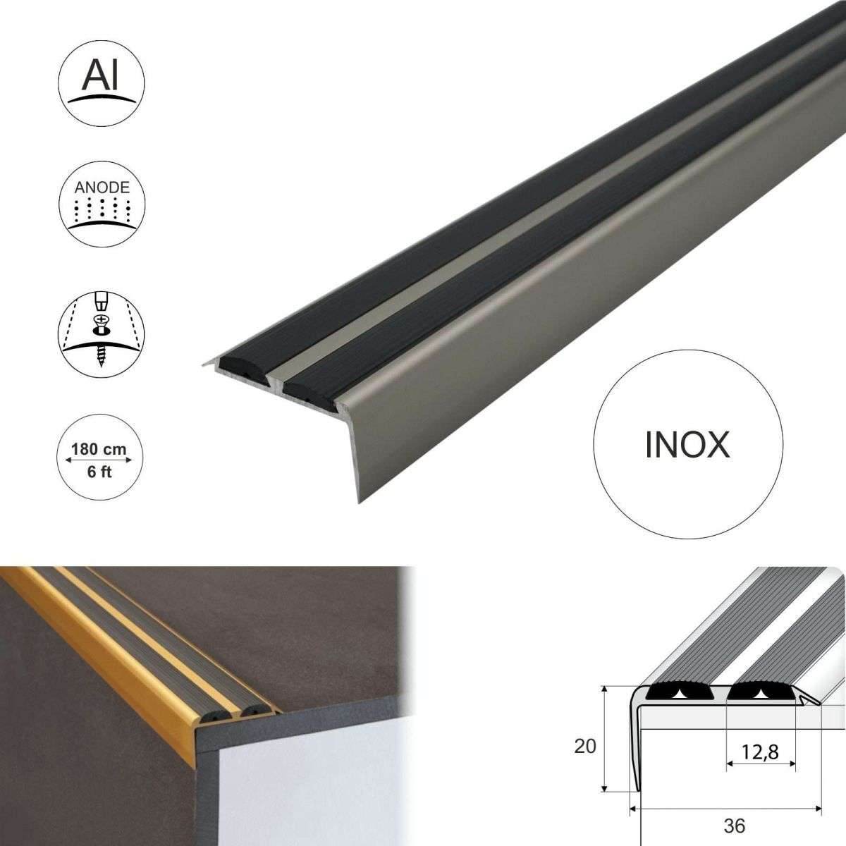 A37 36 x 20mm Anodised Aluminium Non Slip Rubber Stair Nosing Edge Trim With Inserts