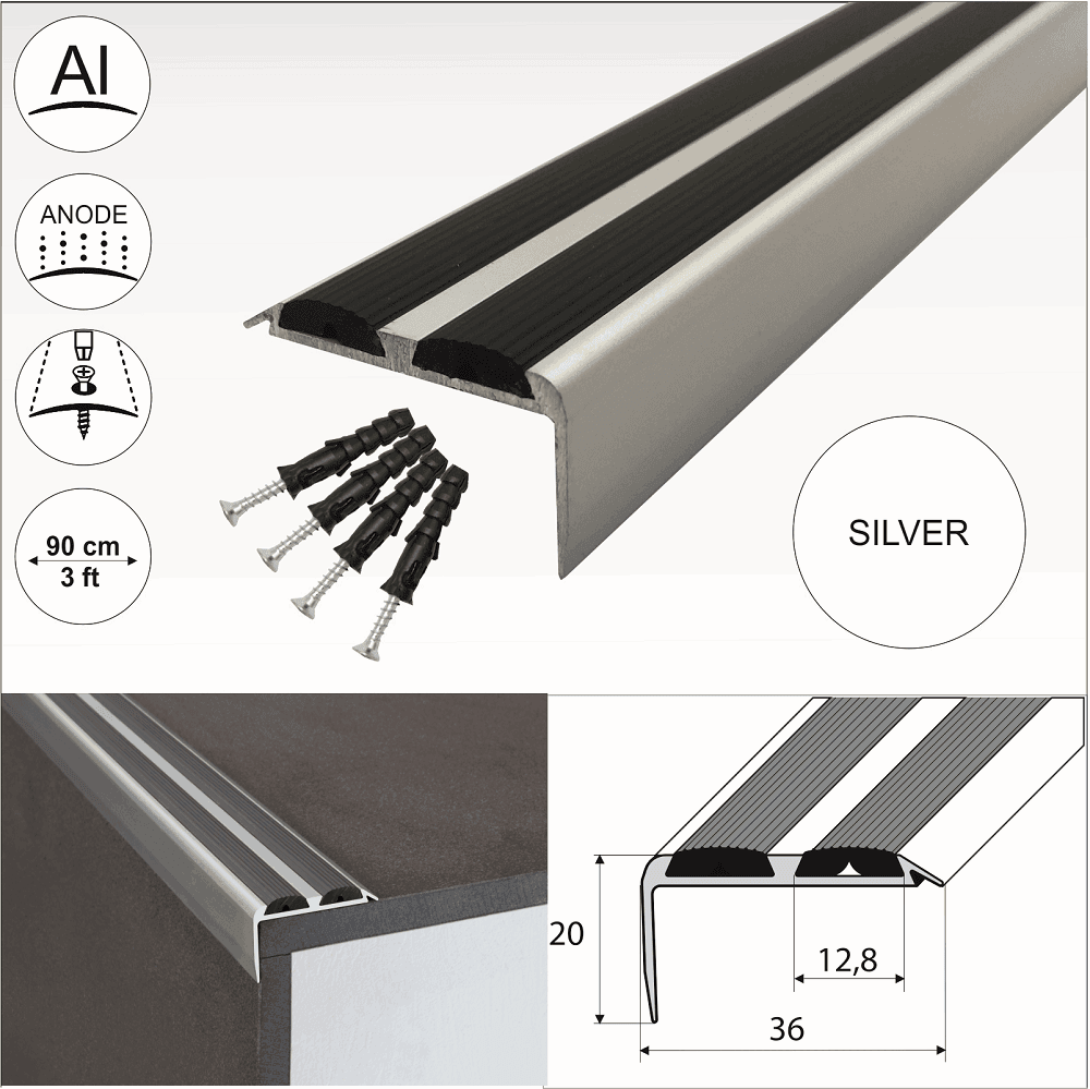 A37 36 x 20mm Anodised Aluminium Non Slip Rubber Stair Nosing Edge Trim With Inserts