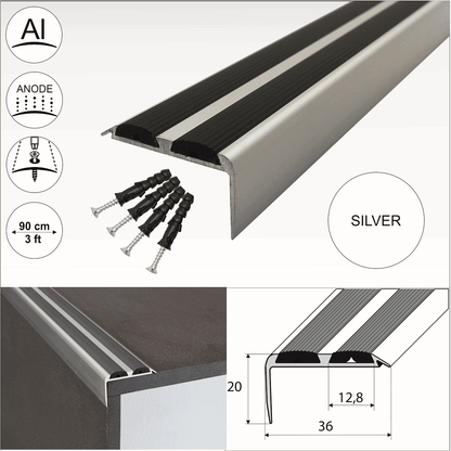 A37 36 x 20mm Anodised Aluminium Non Slip Rubber Stair Nosing Edge Trim With Inserts
